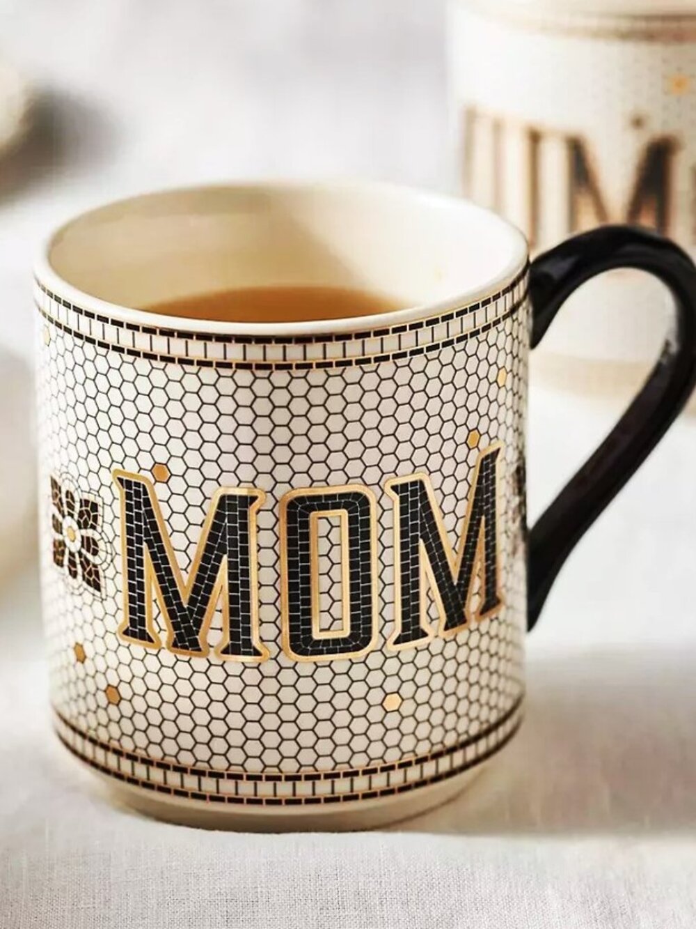 Anthropologie Bistro Tile Mug "MOM" 24K Gold Decaled Glazed Stoneware 14.75 oz